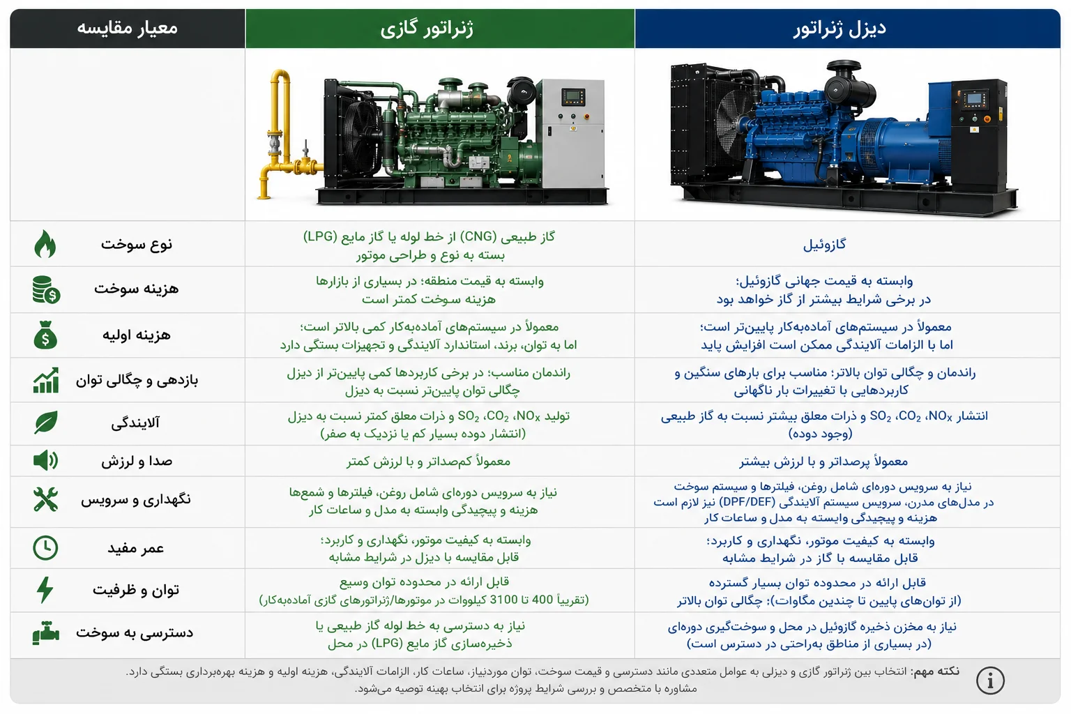تفاوت ژنراتور گازی با گازوئیلی از نظر سوخت، هزینه، راندمان، آلایندگی و نگهداری