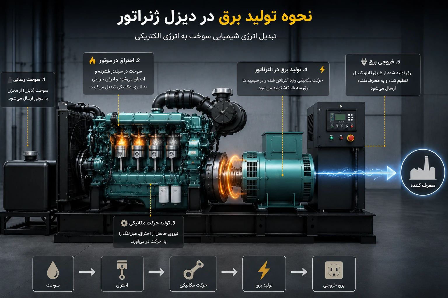 نحوه تولید برق در دیزل ژنراتور از سوخت تا خروجی برق