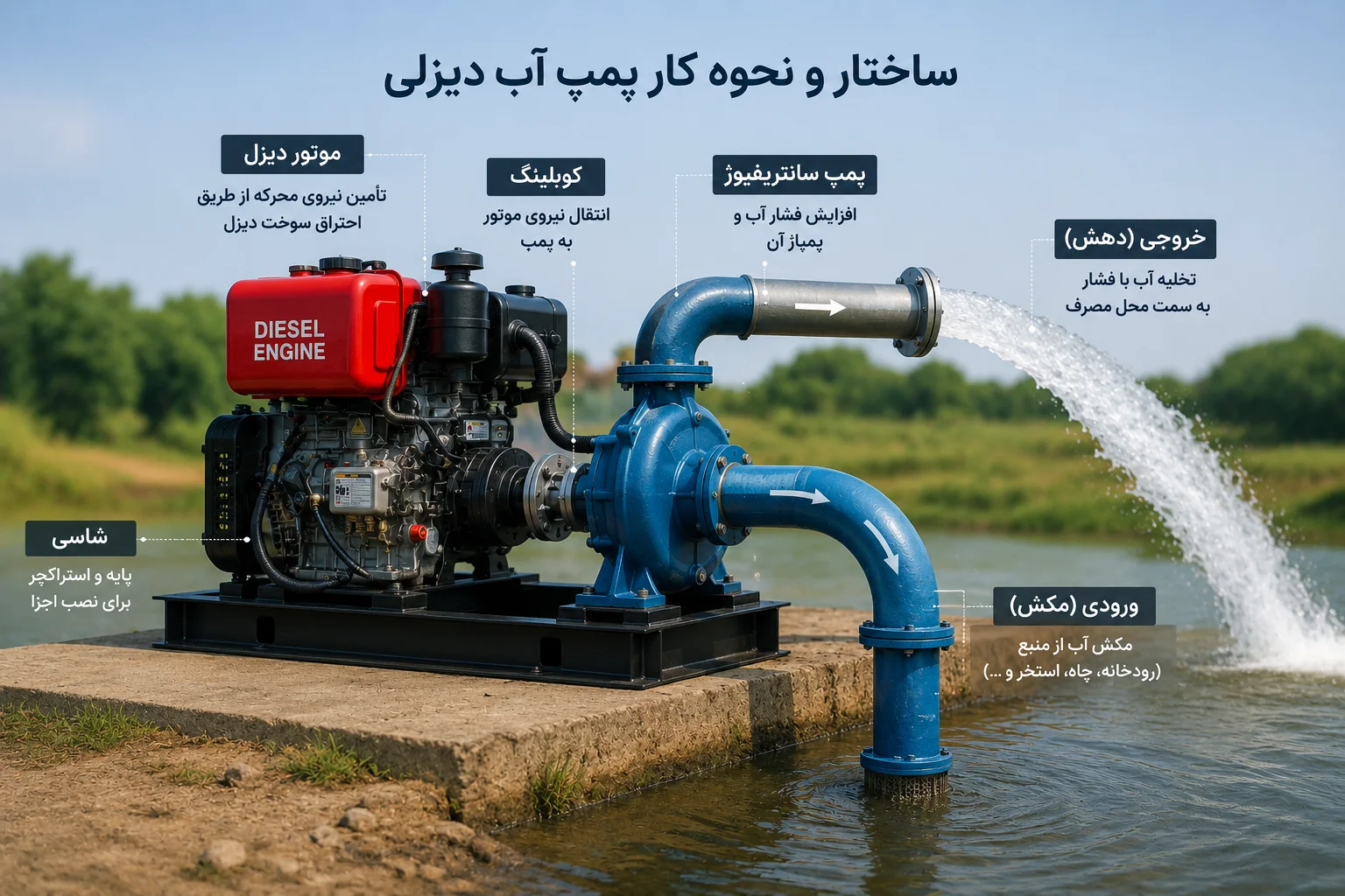 ساختار و نحوه کار پمپ آب دیزلی شامل موتور، پمپ، ورودی و خروجی آب