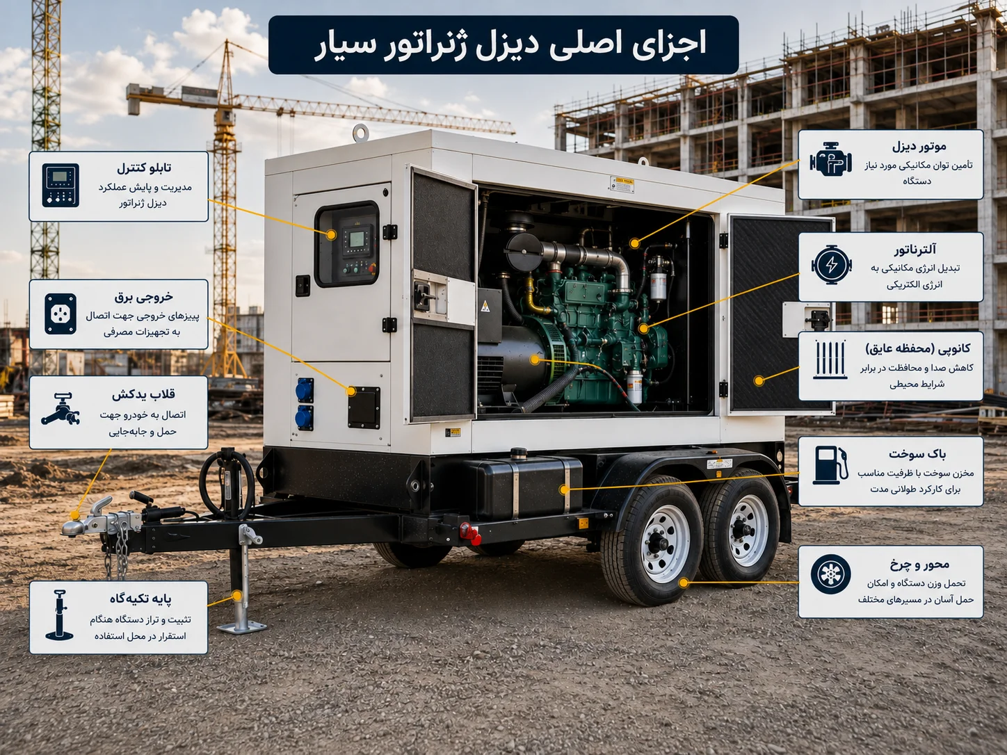 اجزای اصلی دیزل ژنراتورهای سیار شامل موتور، آلترناتور، تابلو کنترل، شاسی، چرخ‌ها و مخزن سوخت
